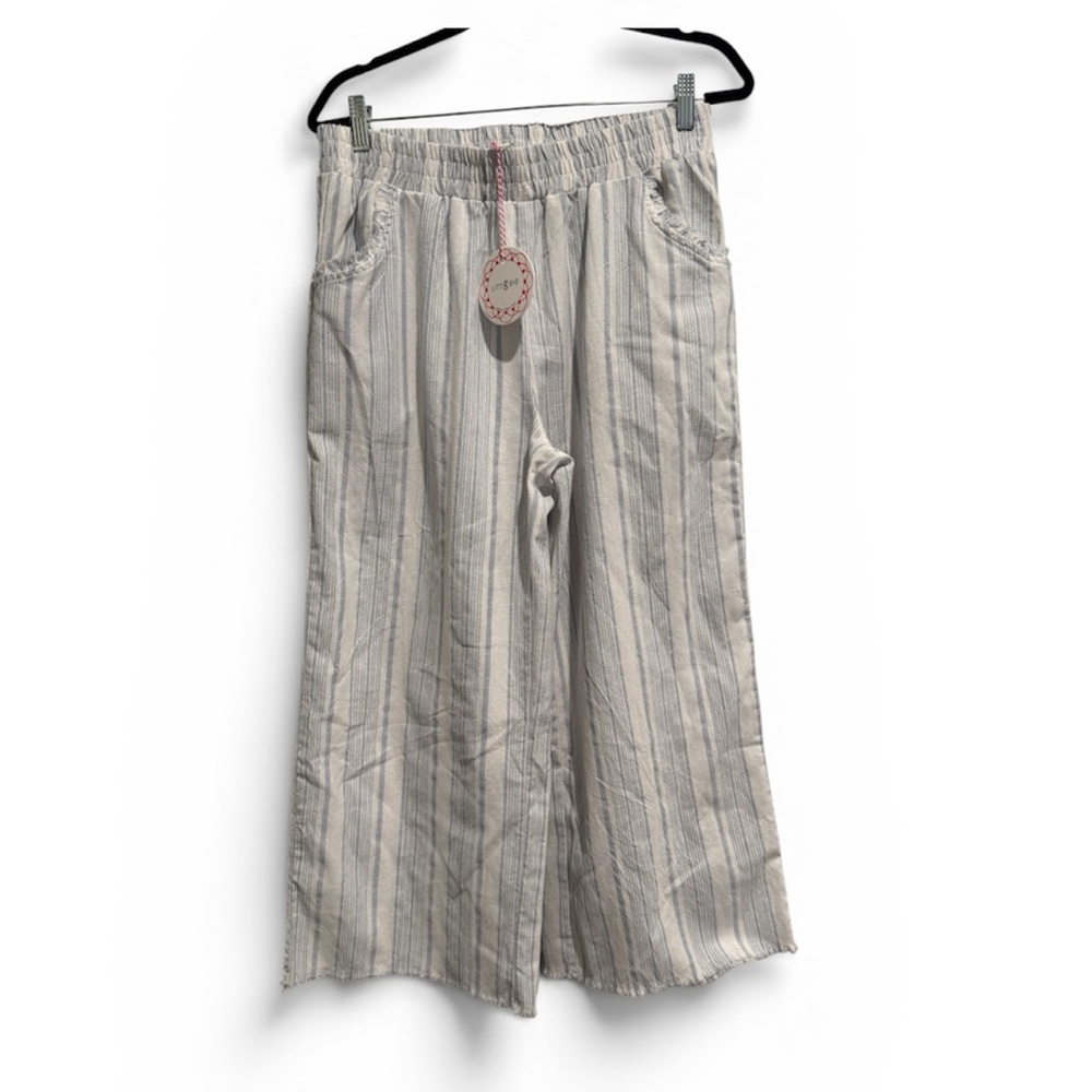 Umgee Blue and White Cotton Blend Cropped Wide Leg Striped Pants Large
